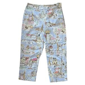 Y2K Paris Euro Summer Printed Capri Pants Sz 6 Travel Whimsical Stretch Talbots